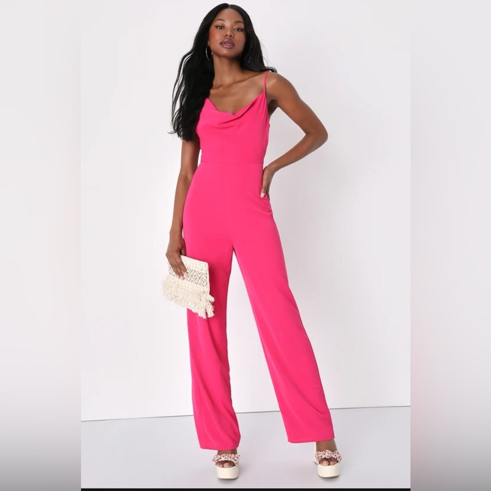 Lulus Alluring Extravagance Fuchsia Asymmetrical Cowl Neck Jumpsuit NWT